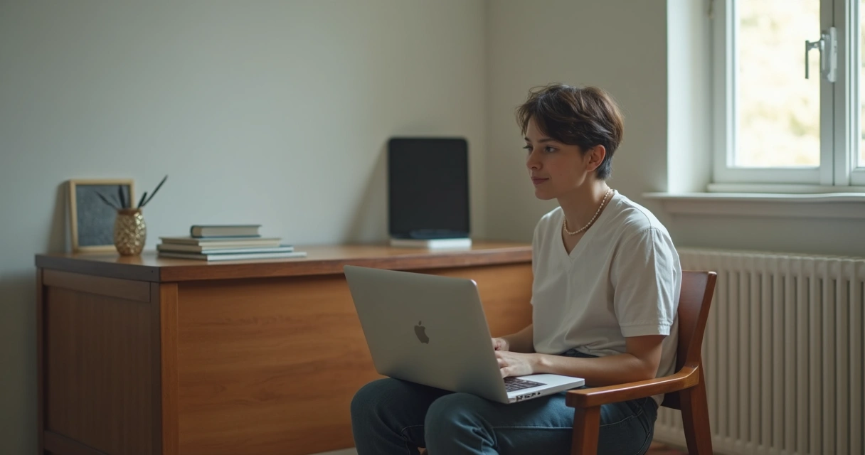 Pessoa sentada em uma sala tranquila refletindo com um caderno nas mãos 