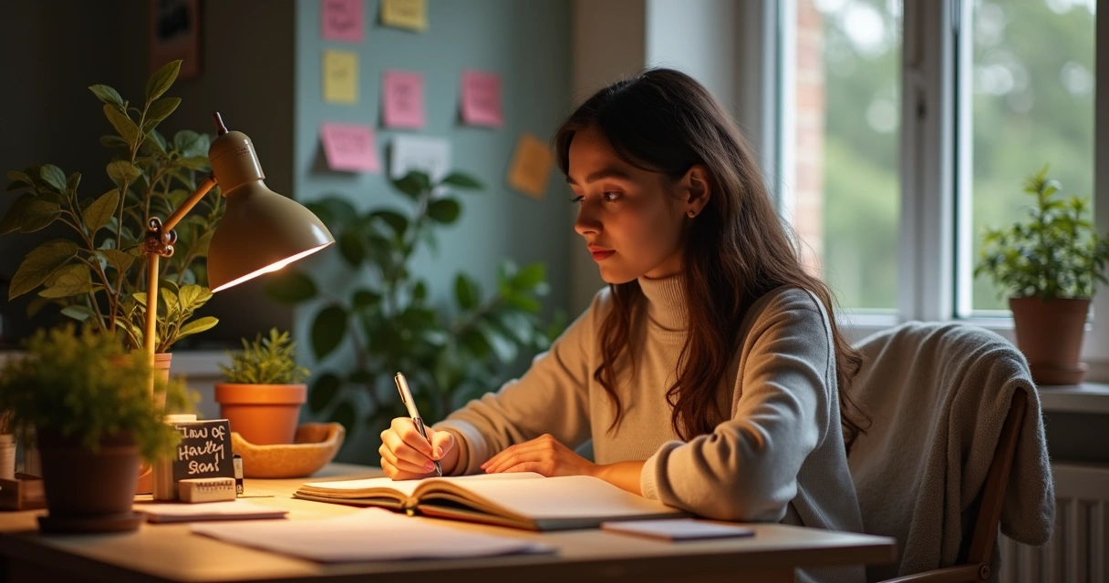 Jovem refletindo com caderno em ambiente de trabalho. 