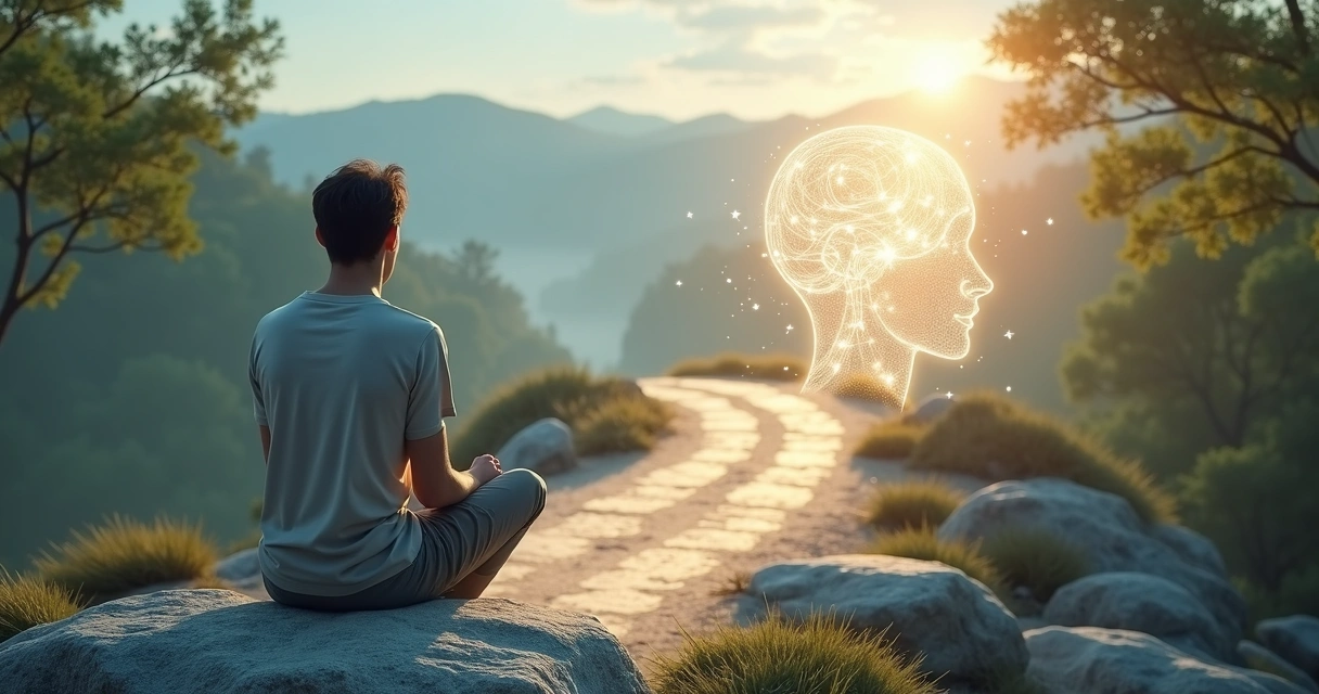 Pessoa em reflexão profunda diante de um caminho sinuoso que leva para dentro de uma silhueta humana 