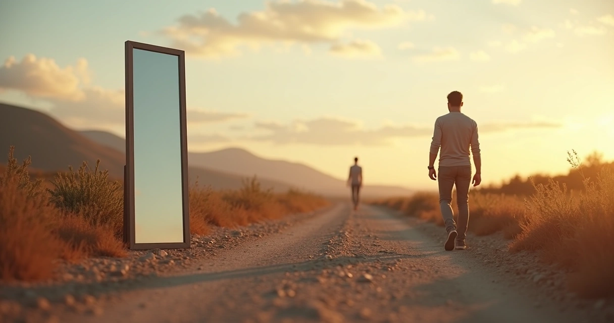 Pessoa caminhando sozinha em estrada com reflexo em espelho ao lado 