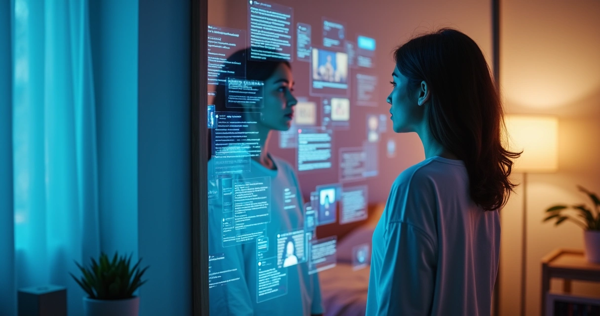 Pessoa se olhando no espelho com reflexo formado por telas de redes sociais 