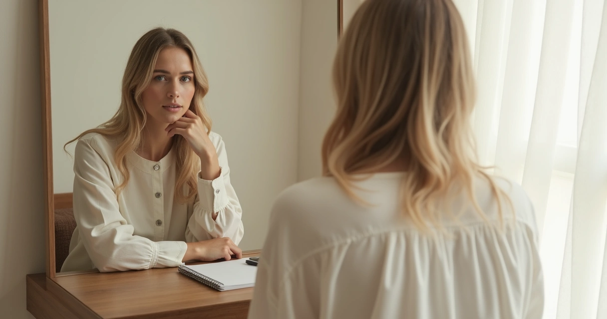 Pessoa diante de um espelho, olhando para si mesma