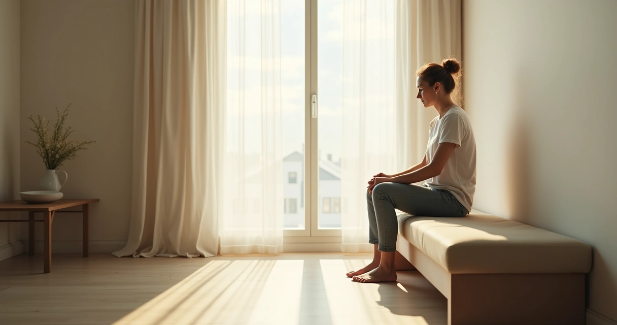 Uma pessoa sentada reservadamente em um banco, refletindo em silêncio diante de uma janela, com luz suave ao redor.
