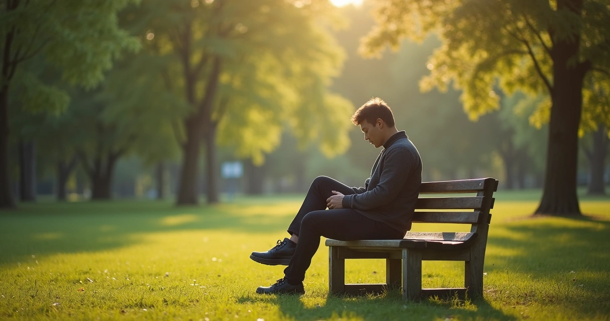 Pessoa em posição de reflexão sentada em um banco na natureza 