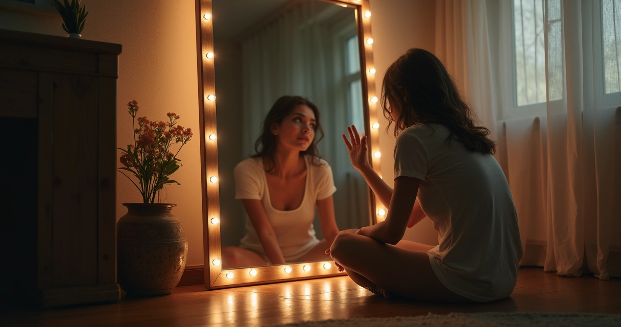 Pessoa sentada olhando o reflexo em espelho grande, expressão pensativa 
