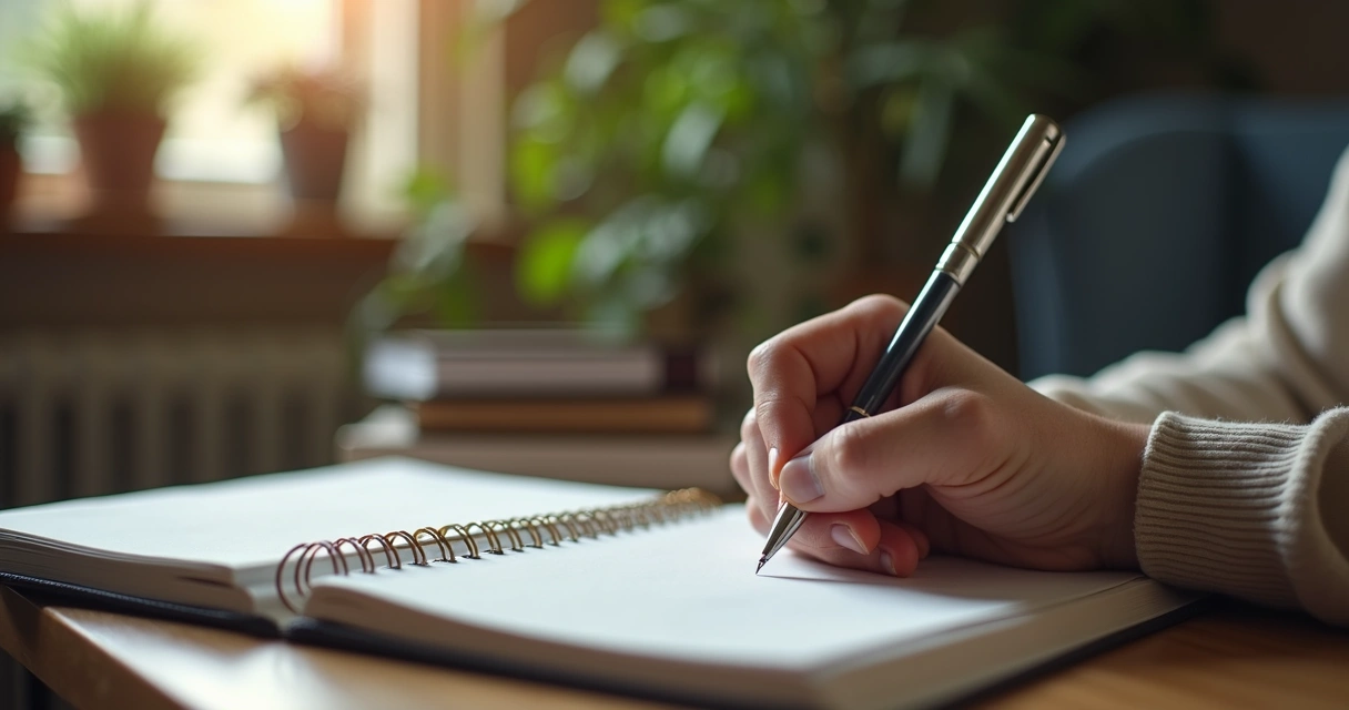 Pessoa escrevendo em diário, ambiente tranquilo, luz suave, foco na mão e caneta