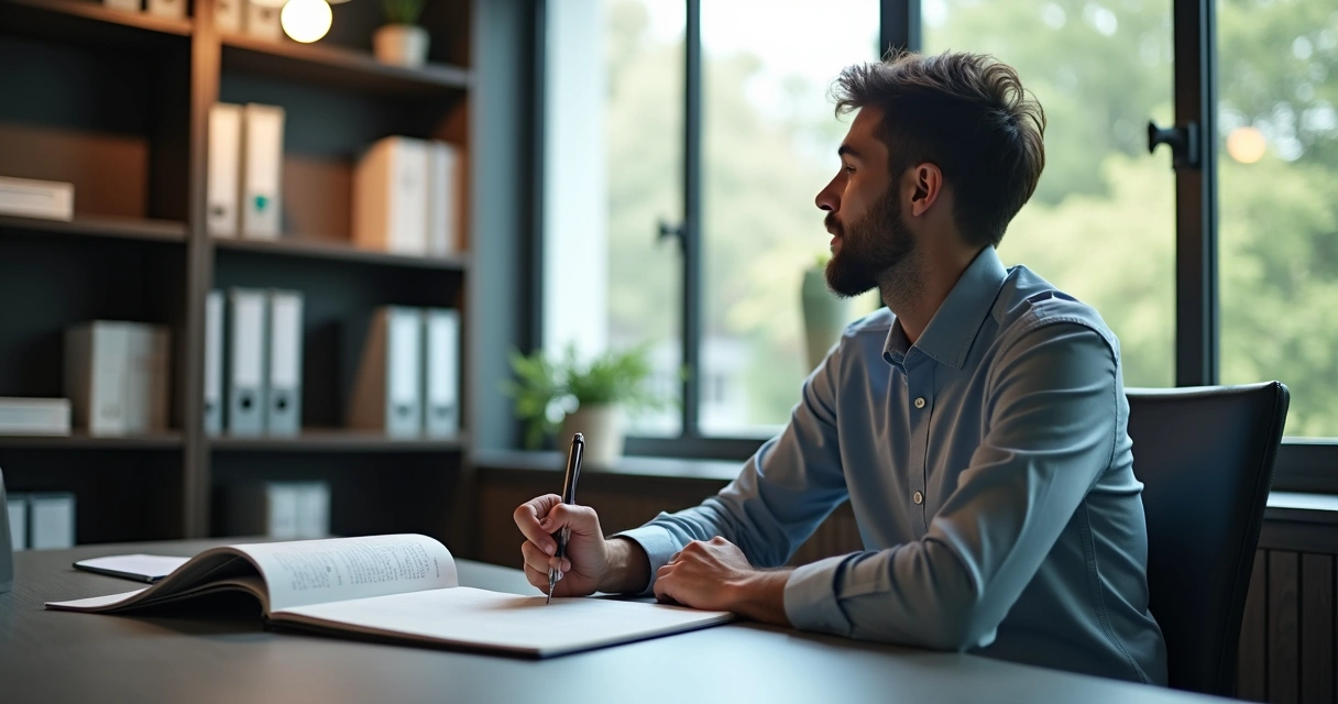 Pessoa olhando janela de escritório em momento reflexivo, luz suave iluminando rosto 