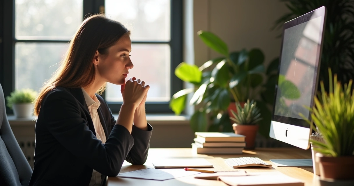 Profissional refletindo em sua mesa de trabalho 