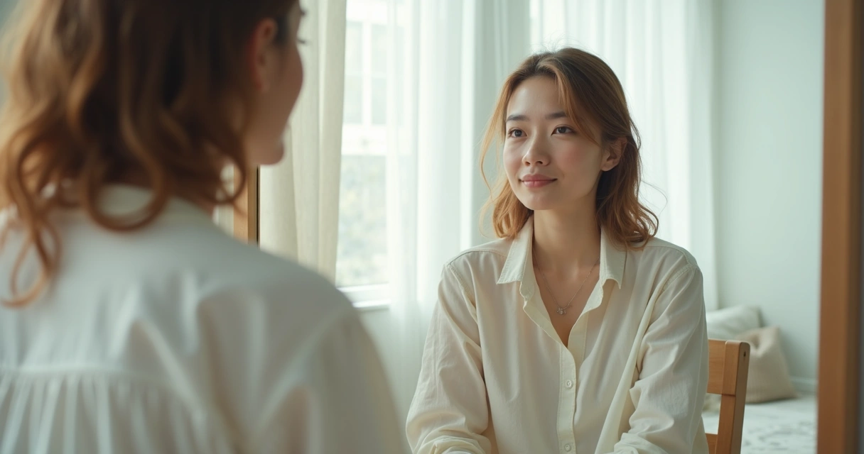 Pessoa olhando seu reflexo em espelho em ambiente calmo 