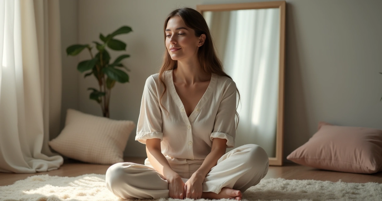 Pessoa sentada em frente ao espelho, refletindo, com expressão calma 