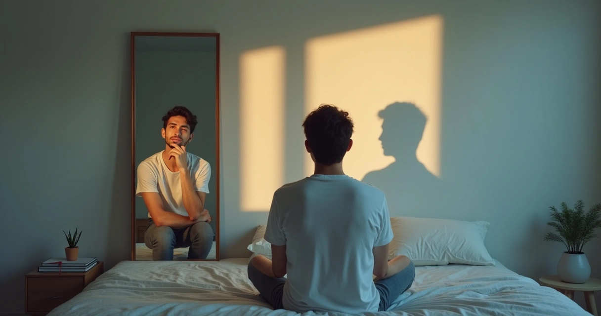 Pessoa refletindo diante de um espelho com duas sombras contrastantes ao fundo 