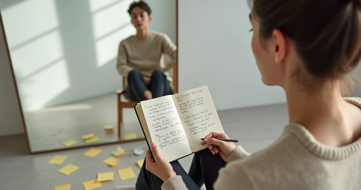 Pessoa sentada diante do espelho refletindo em um caderno 