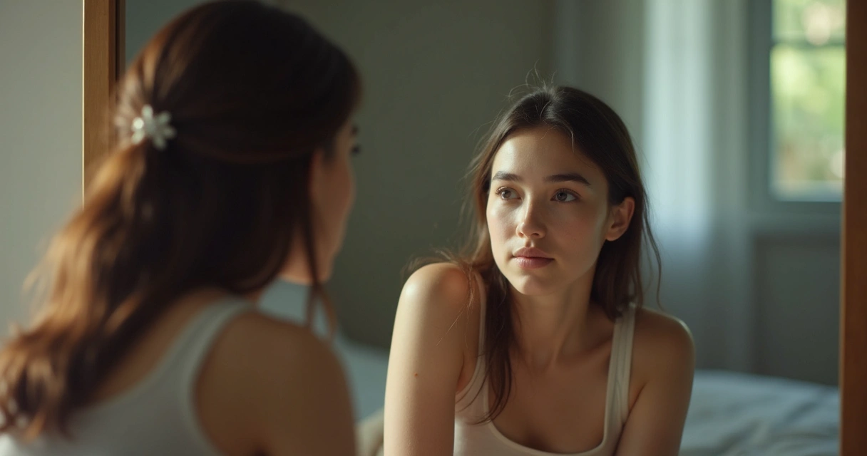 Mulher olhando seu reflexo em uma superfície polida 