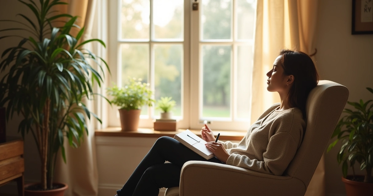 Pessoa sentada sozinha em poltrona, olhando pela janela, luz suave, ambiente tranquilo, caderno no colo 