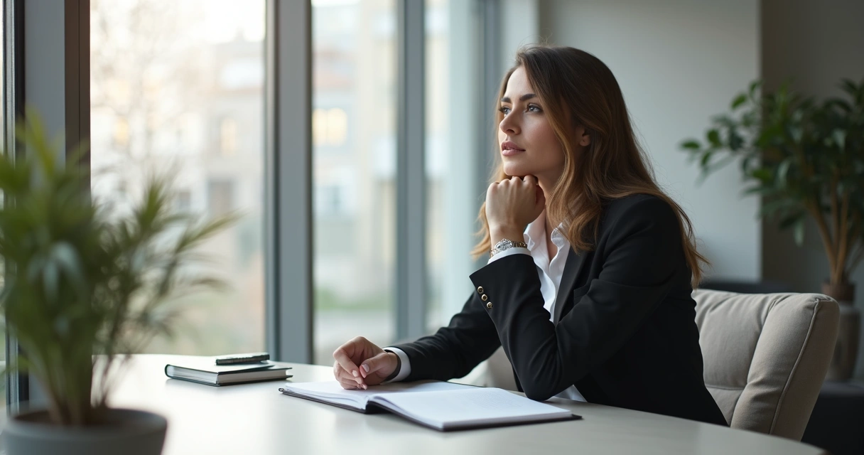 Profissional refletindo sozinho ao lado da janela em escritório, mostrando autoconhecimento 