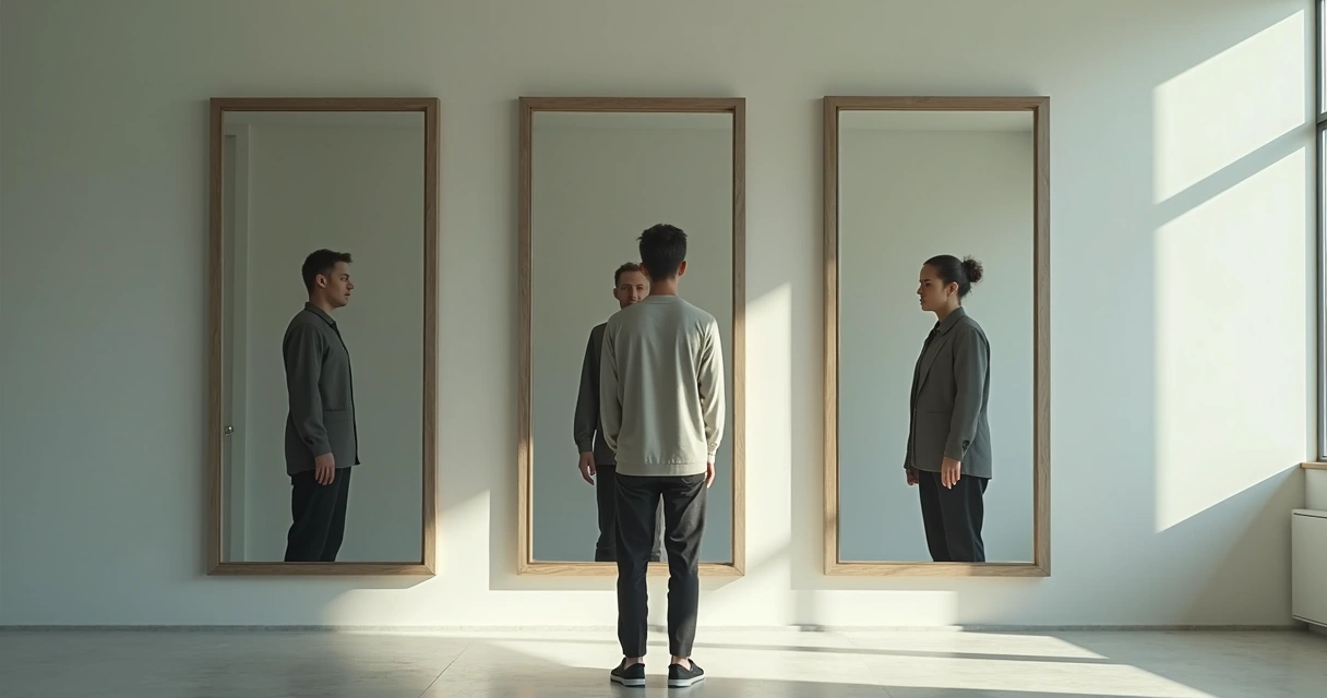 Pessoa olhando para espelho com múltiplos reflexos simbolizando arquétipos sociais 