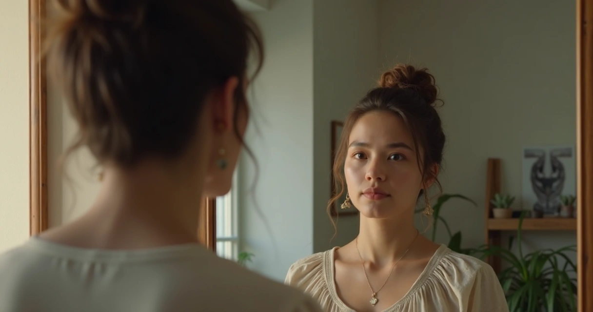 Pessoa olhando para o espelho, expressão reflexiva