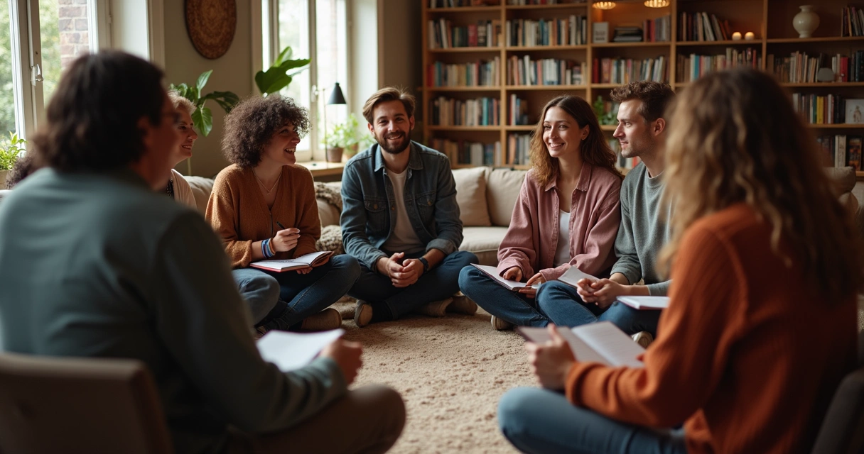 Grupo de pessoas conversando em ambiente acolhedor atividade de autoconhecimento 