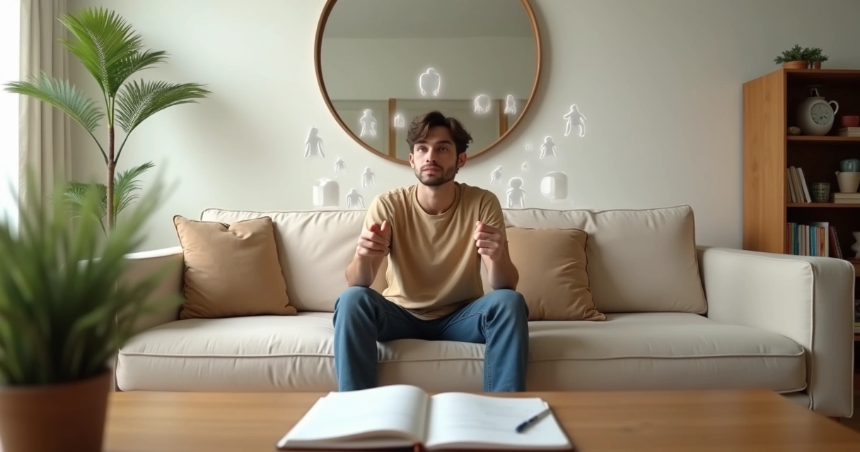 Pessoa refletindo diante de espelho com conexões simbólicas com outras pessoas ao fundo 