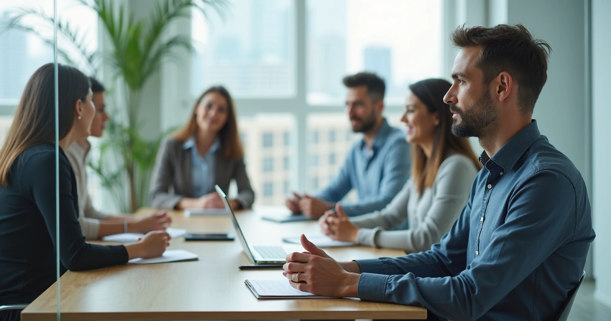 Profissional refletindo diante de colegas em reunião de trabalho 
