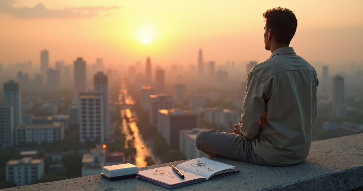 Pessoa refletindo diante de cidade conectando interior e impacto social 