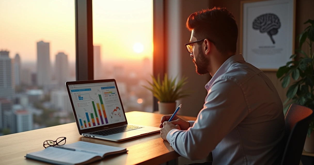 Profissional em ambiente de trabalho olhando pela janela enquanto analisa gráficos e faz anotações em caderno 