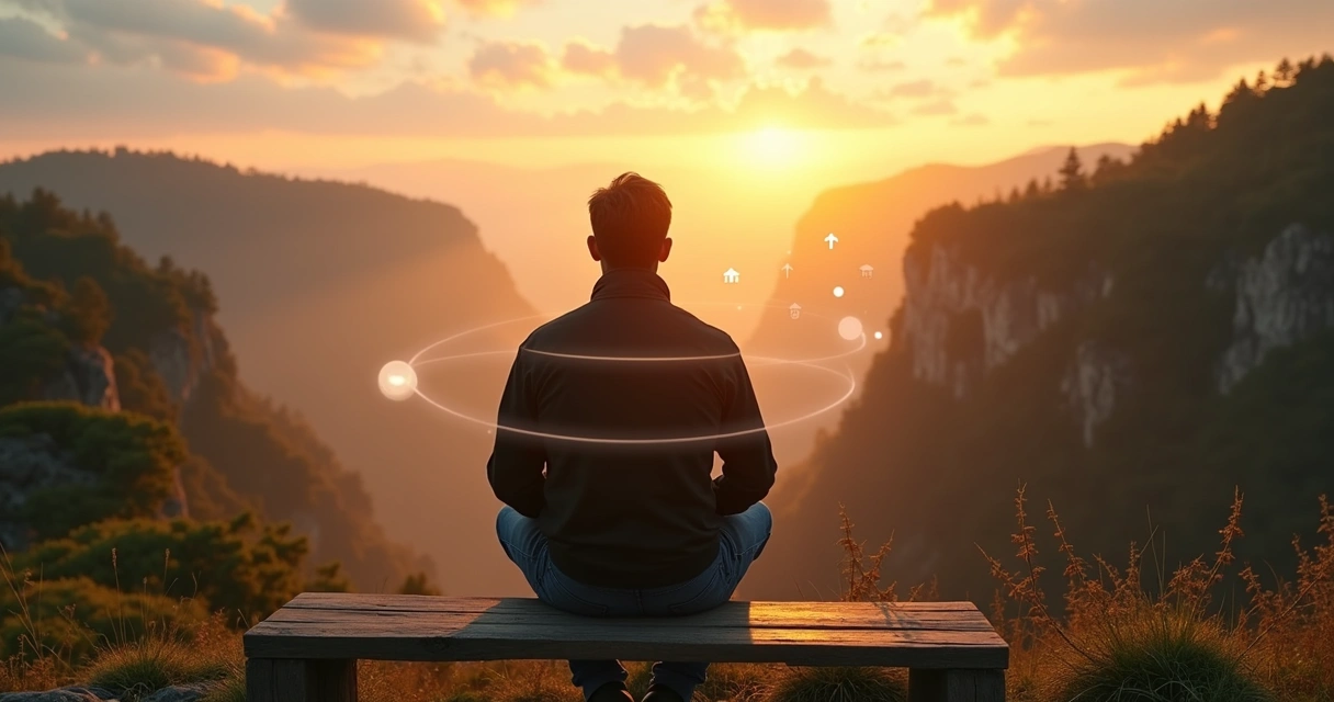 Pessoa refletindo diante de paisagem natural com conexões entre mente, coração e resultados 