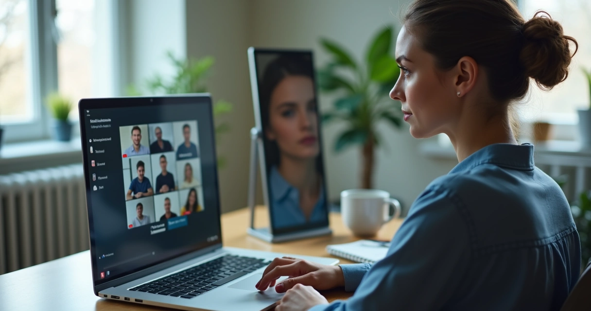 Profissional em reunião virtual observando suas emoções refletidas em espelho ao lado da tela 