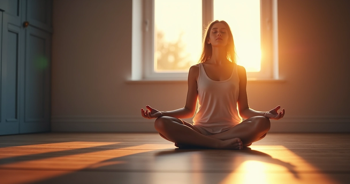Mulher sentada meditando com efeitos de energia ao redor, sugerindo expansão da consciência 