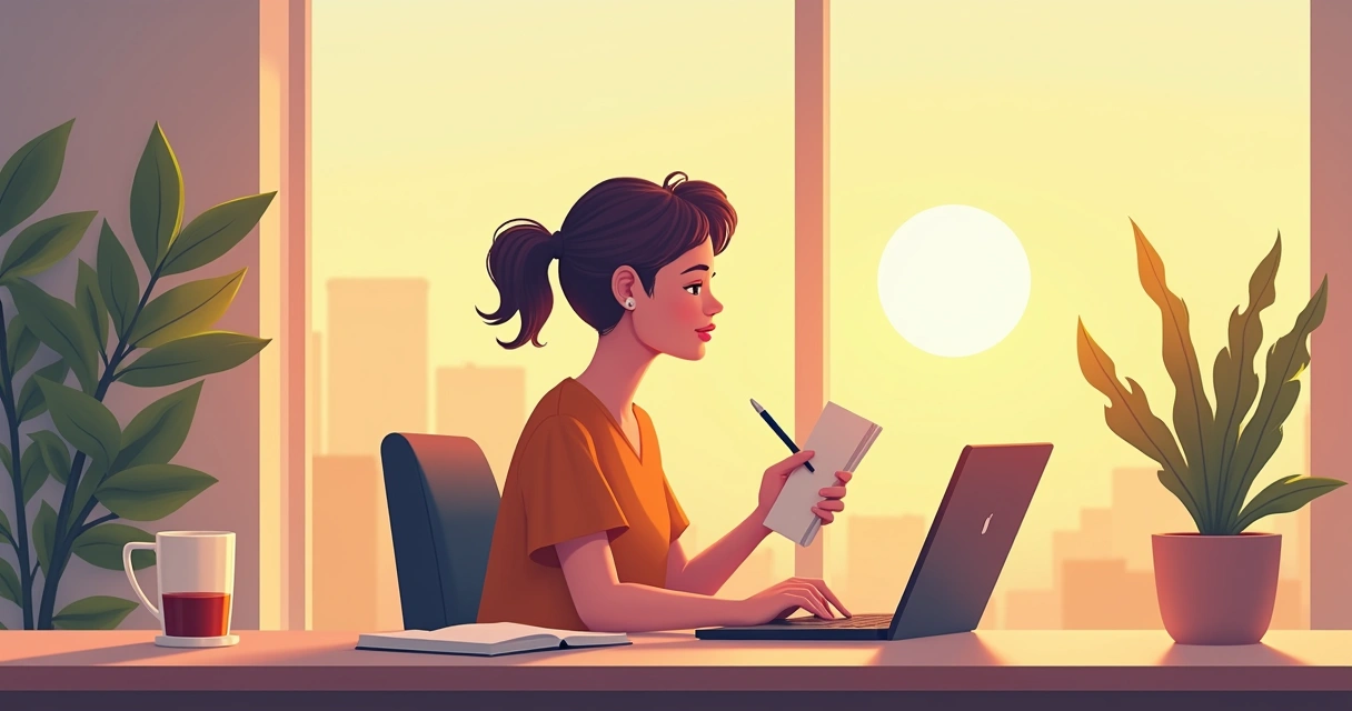 Pessoa refletindo com bloco de notas ao final do dia.