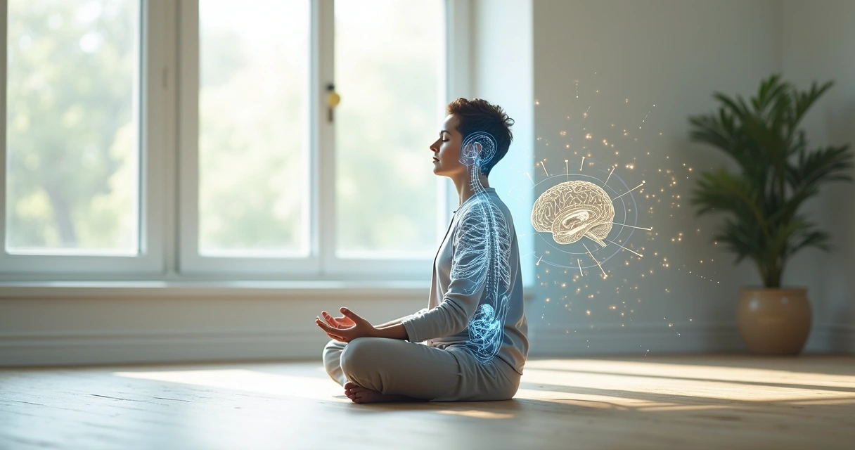Pessoa meditando com ilustrações do corpo humano e cérebro integrados ao fundo 