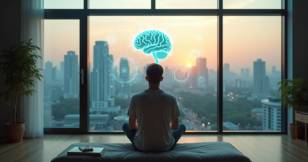 Pessoa contemplando paisagem futurista com elementos que representam mente e equilíbrio emocional 