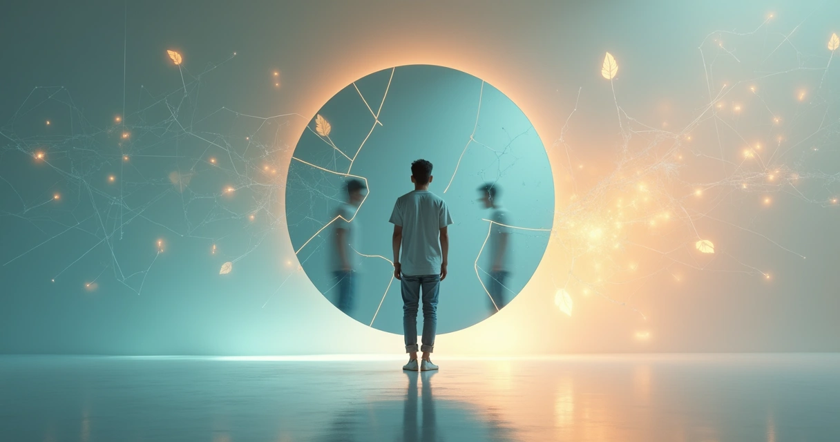 Jovem observa seu reflexo fragmentado em espelho circular com cenas da mente ao fundo 