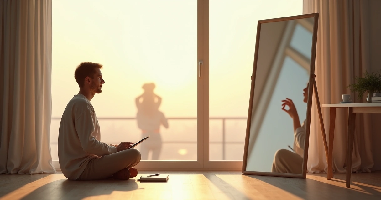 Pessoa refletindo diante de espelho com versões de si mesma ao fundo 