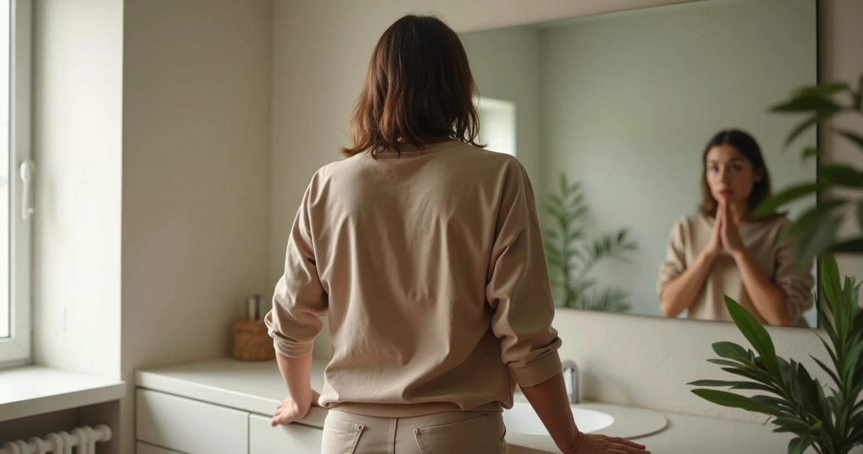 Pessoa se olhando no espelho com reflexo diferente representando conflito interno entre consciência e comportamento 