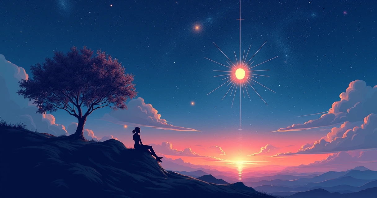 Ilustração de céu estrelado com símbolo do signo solar, uma árvore e palavras de autoconhecimento flutuando.