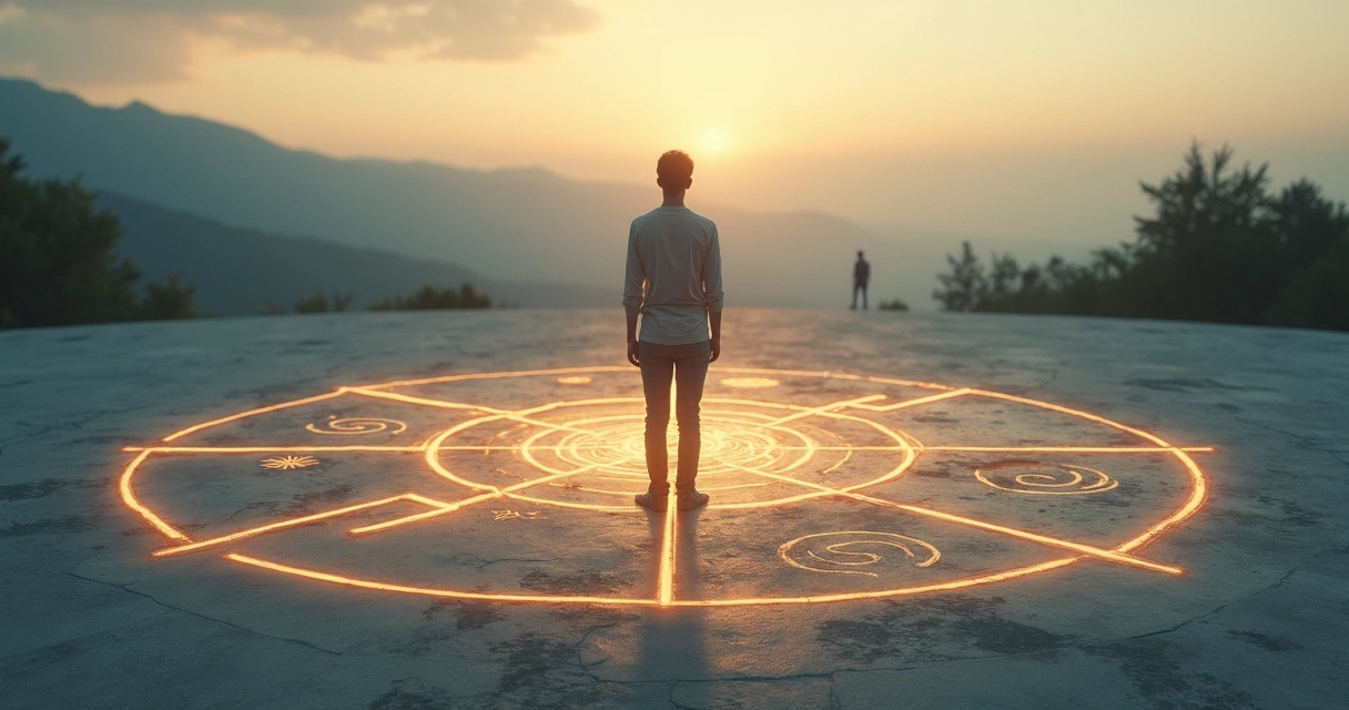 Pessoa em encruzilhada com vários caminhos conectados por linhas luminosas 