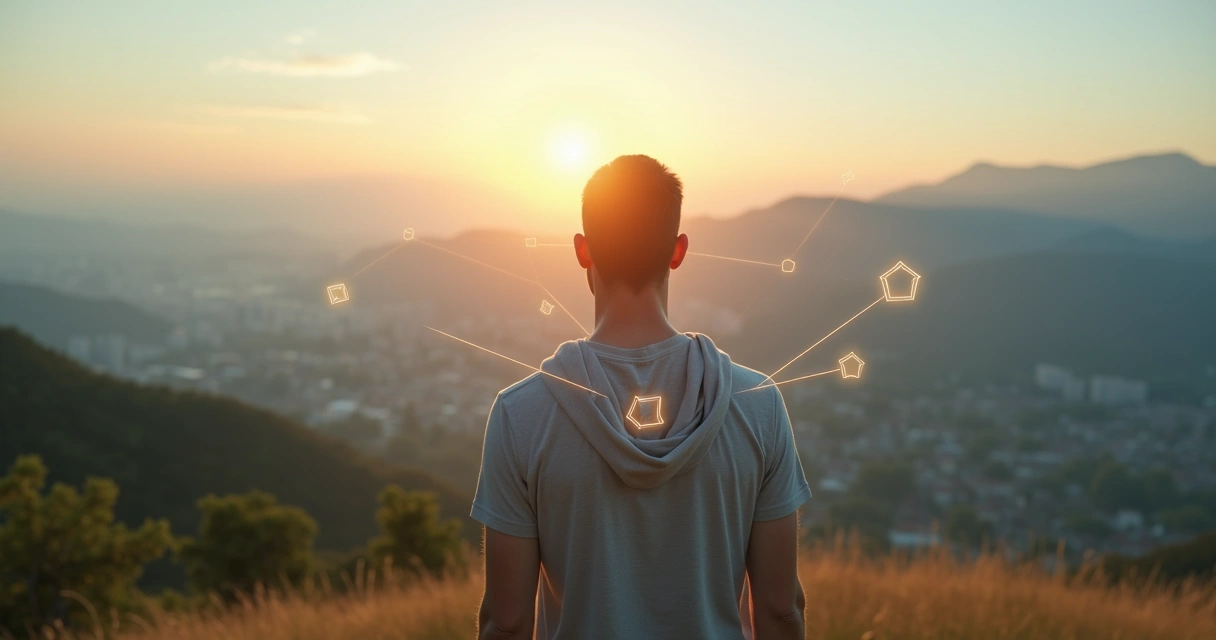 Pessoa em pé diante de paisagem natural com linhas conectando mente corpo e ambiente 