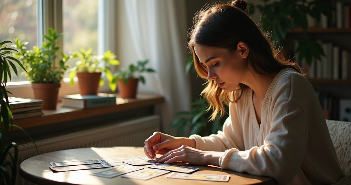 Mulher olhando para cartas de tarot e refletindo 