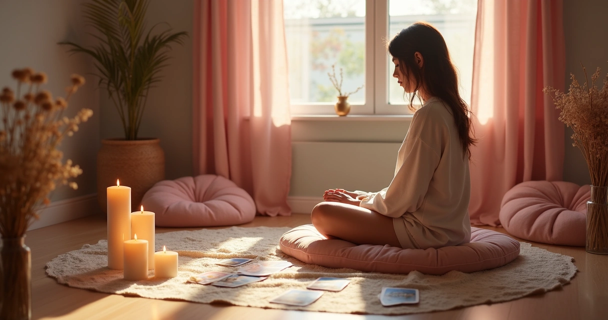 Mulher contempla cartas de tarot em ambiente acolhedor com luz suave 