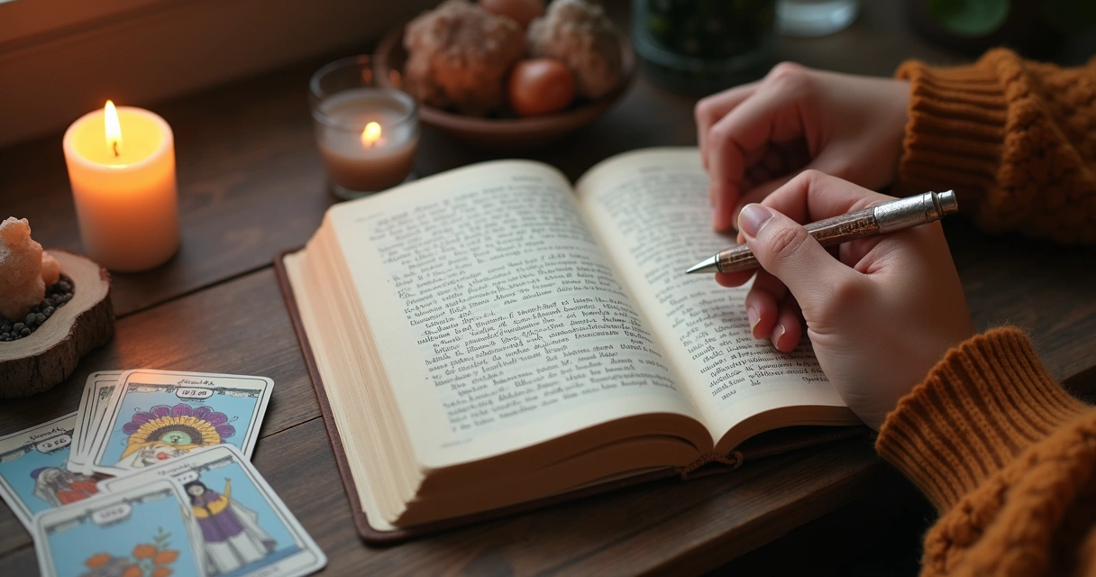 Cartas de tarot próximas de um diário de autoconhecimento 