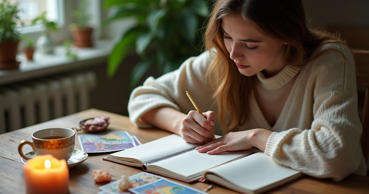 Mulher escrevendo em diário ao lado de cartas de tarot 