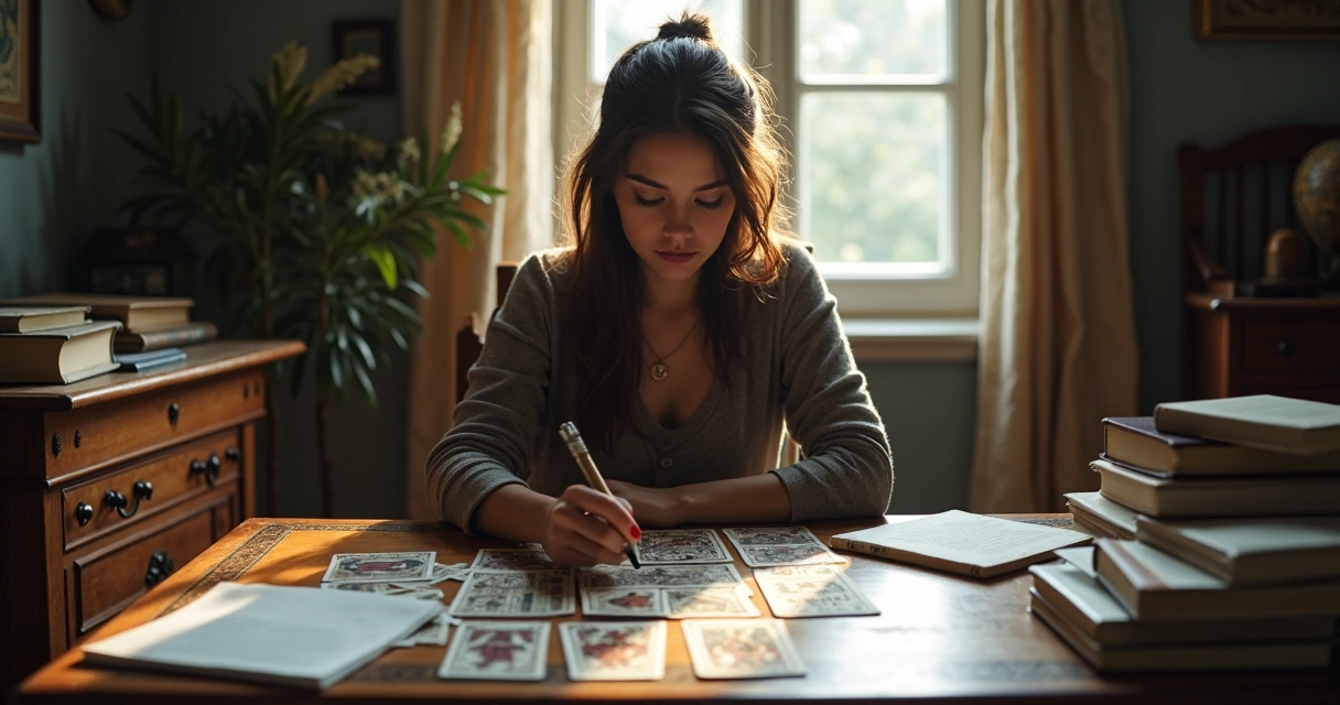 Mulher introspectiva estudando tarot. 