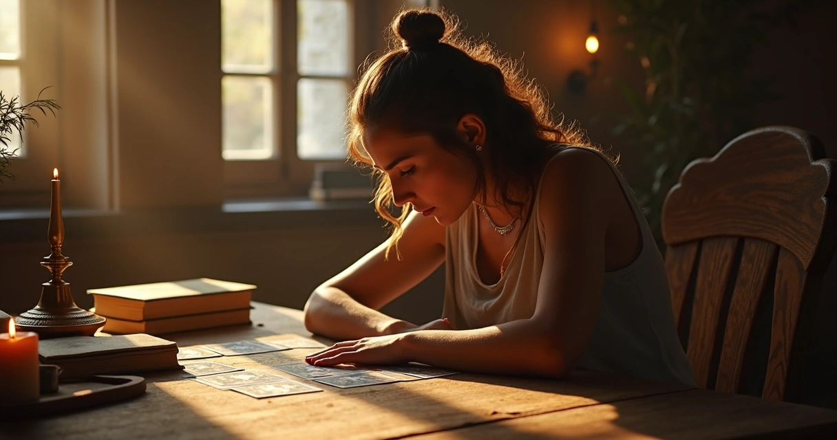 Pessoa observando cartas de tarot em mesa, em ambiente introspectivo e iluminado. 