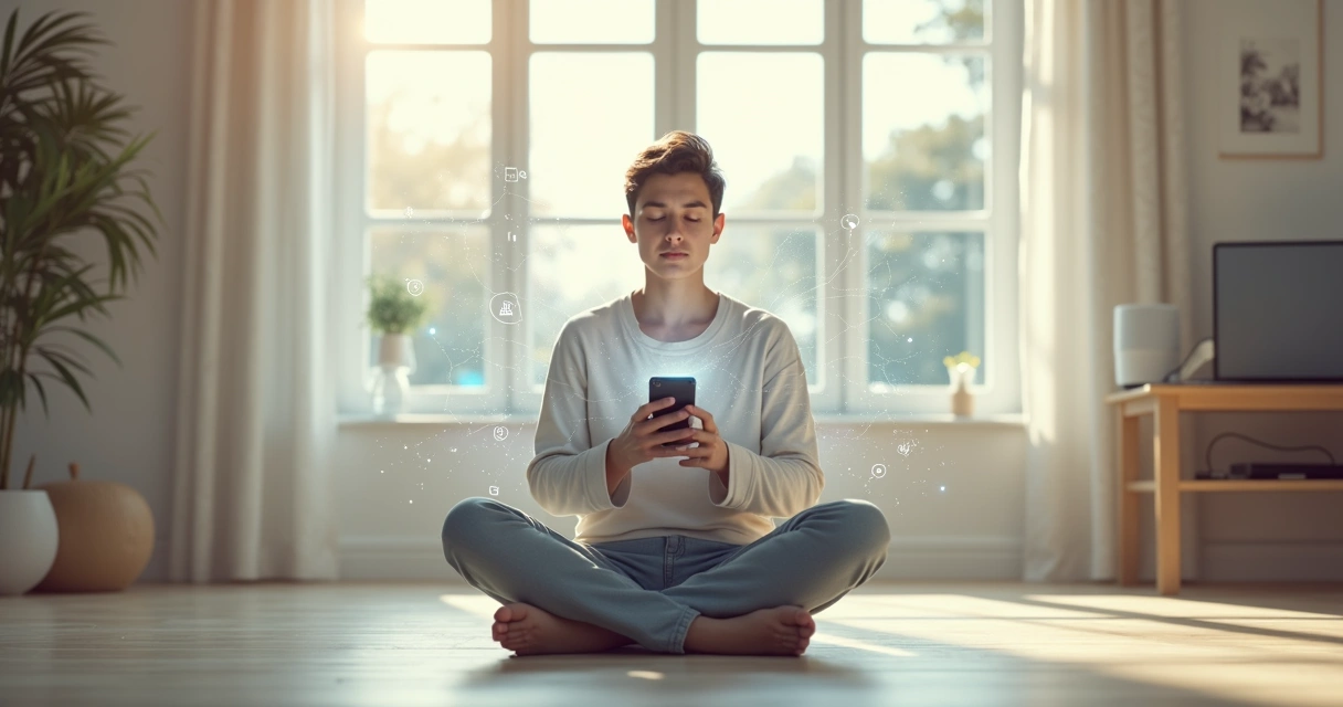 Pessoa usando smartphone em ambiente calmo com elementos digitais ao redor representando equilíbrio entre mente e tecnologia 