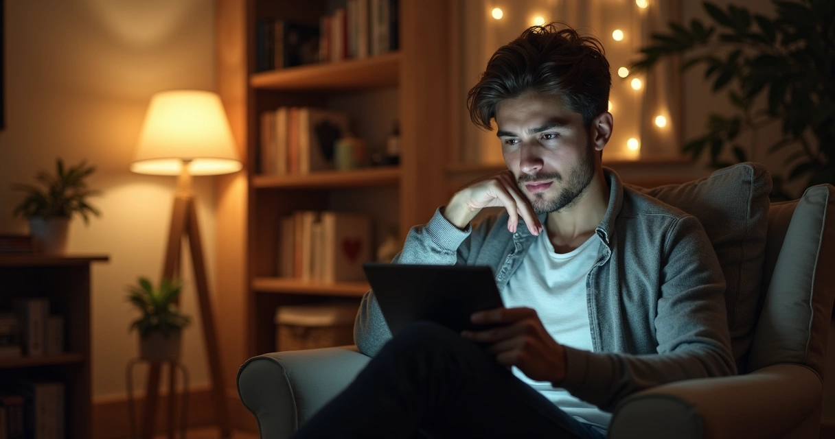 Paciente refletindo durante sessão de terapia online, sentado em ambiente acolhedor 