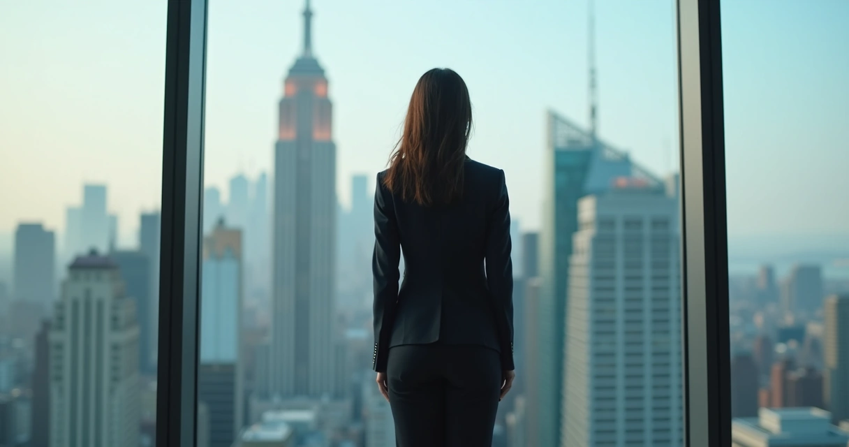 Pessoa olhando para si mesma no reflexo de uma janela em um escritório 