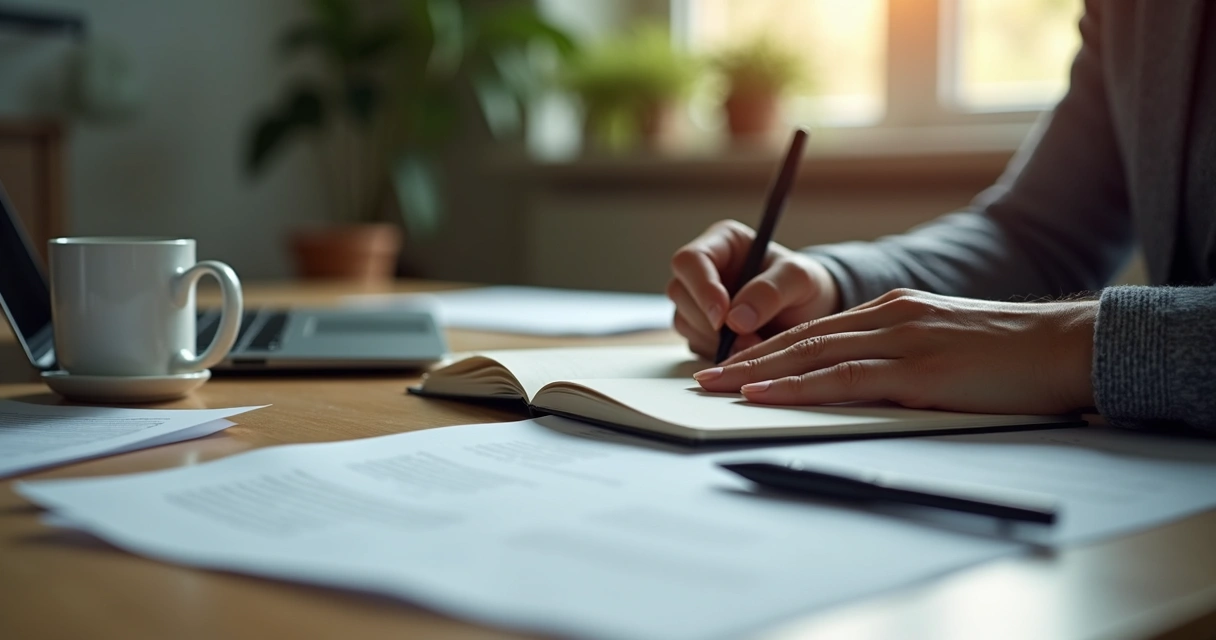 Pessoa sentada à mesa escrevendo anotações em um caderno com objetos de escritório ao redor 
