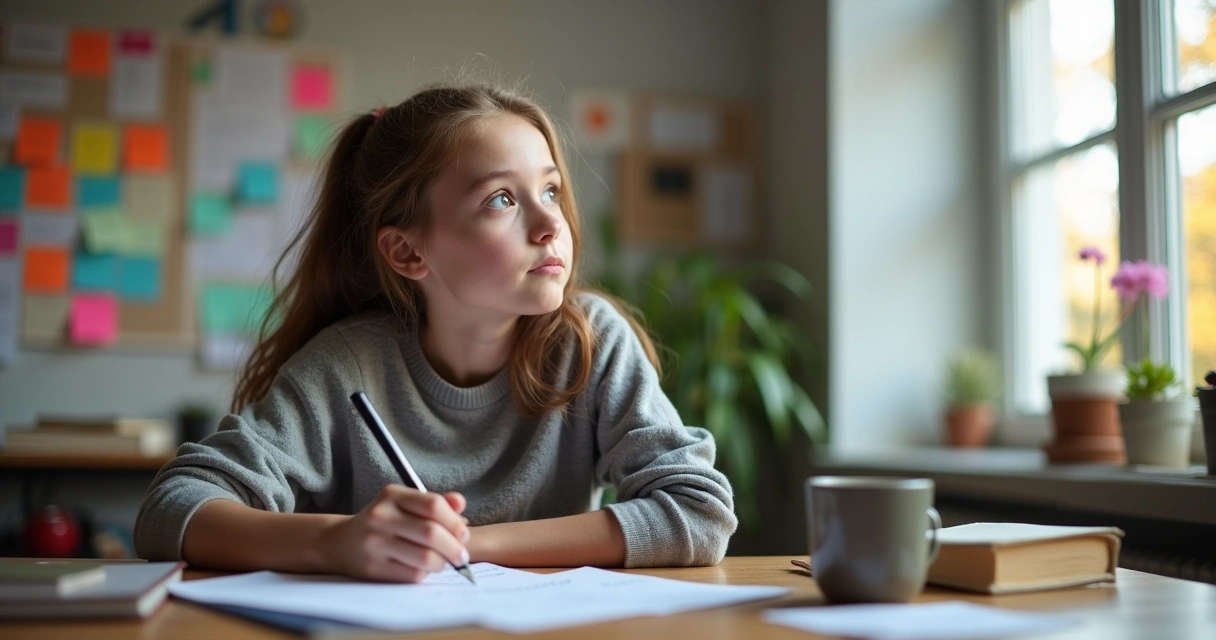 Pessoa refletindo na frente de um mural de ideias em ambiente de trabalho 