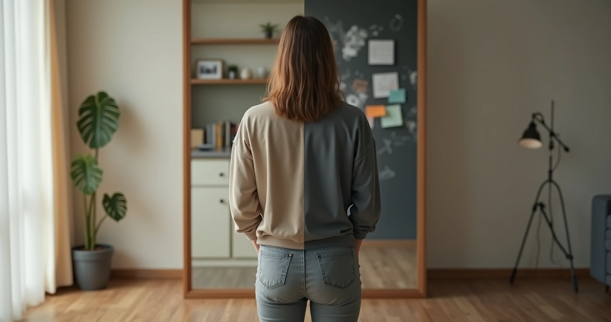 Pessoa diante do espelho com metade calma e metade em conflito interno 